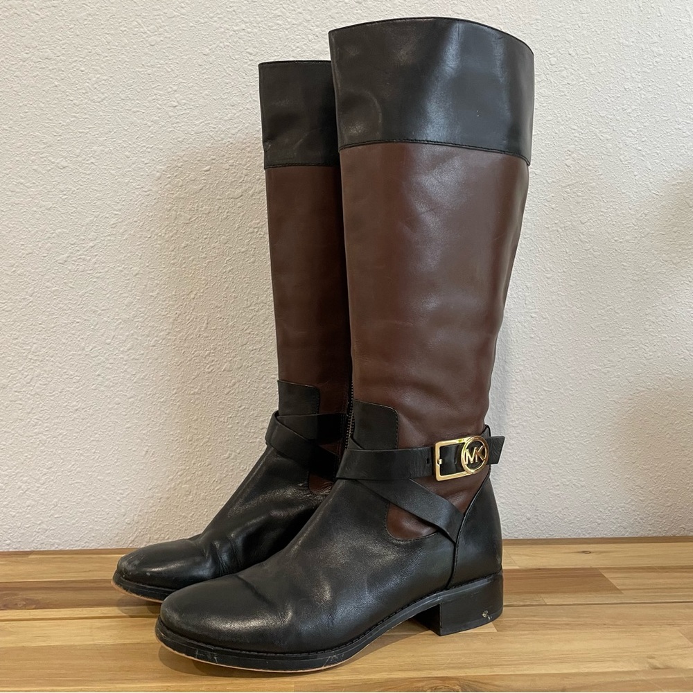 Michael Kors Bryce Two Tone Tall Riding Black/Brown Leather Boots Shoes Size 7M